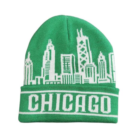 Chicago Green City Skyline Beanie One Size Green Chicago Beanie - Picture 1 of 7